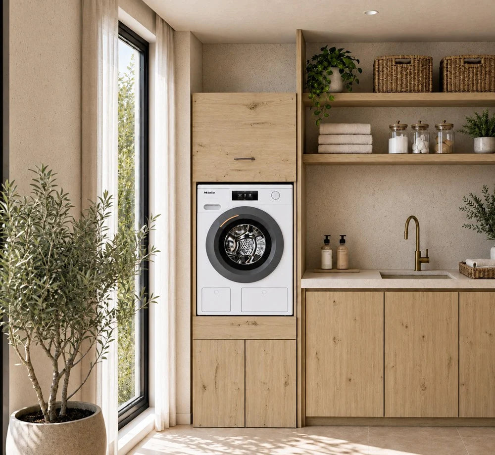 Wasmachine Wasdroger Kast eiken Extra Hoog | Wasmandlade & 2 Opbergvakken