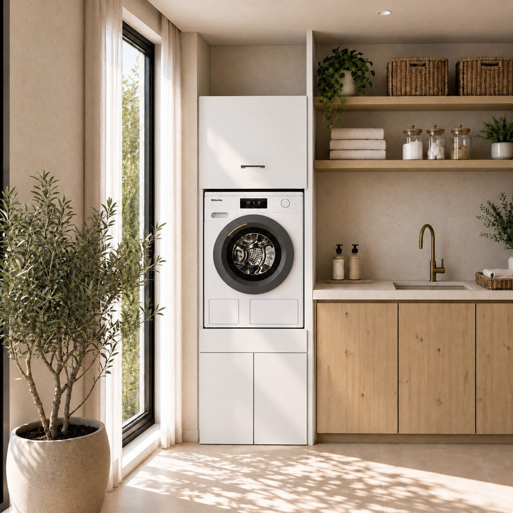 Wasmachine Wasdroger Kast Wit Extra Hoog | Wasmandlade & 2 Opbergvakken