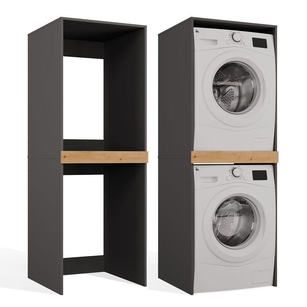 Wasmachine Wasdrogerkast Antraciet Eiken